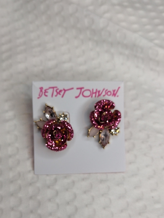 Betsey Johnson Jewelry - Betsey Johnson Sparkling Hot Pink Mismatch  Rose Stud Earrings With Accents